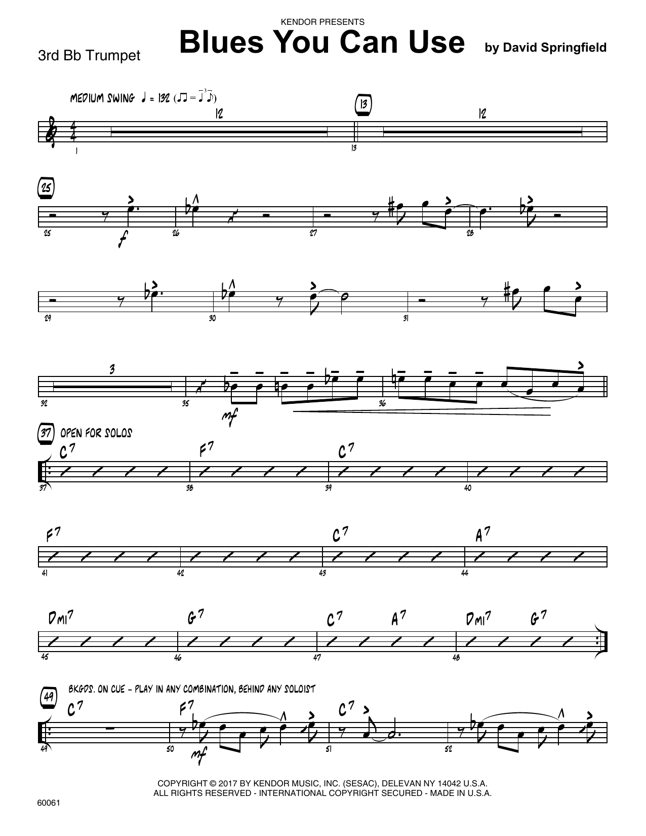 Download David Springfield Blues You Can Use - 3rd Bb Trumpet Sheet Music