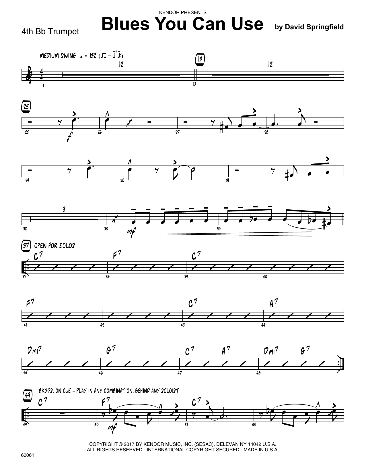 Download David Springfield Blues You Can Use - 4th Bb Trumpet Sheet Music