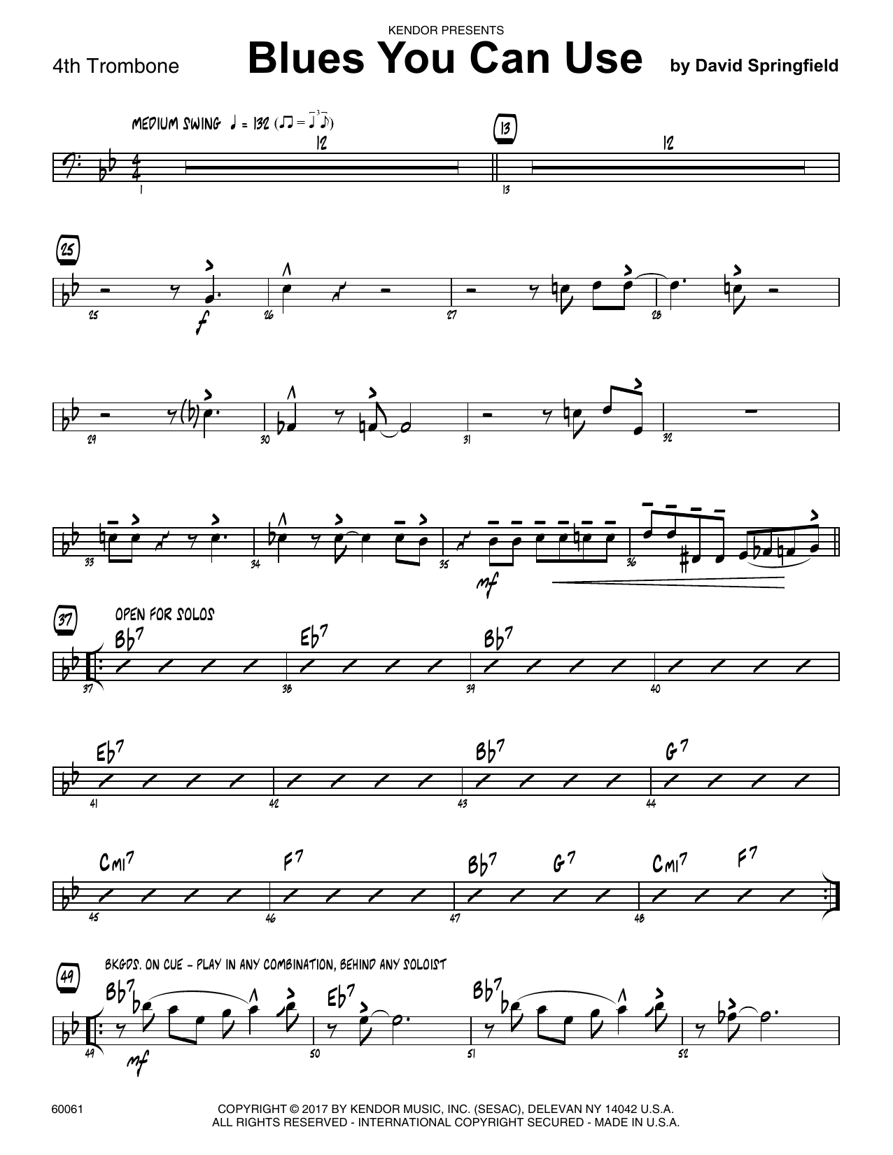 Download David Springfield Blues You Can Use - 4th Trombone Sheet Music