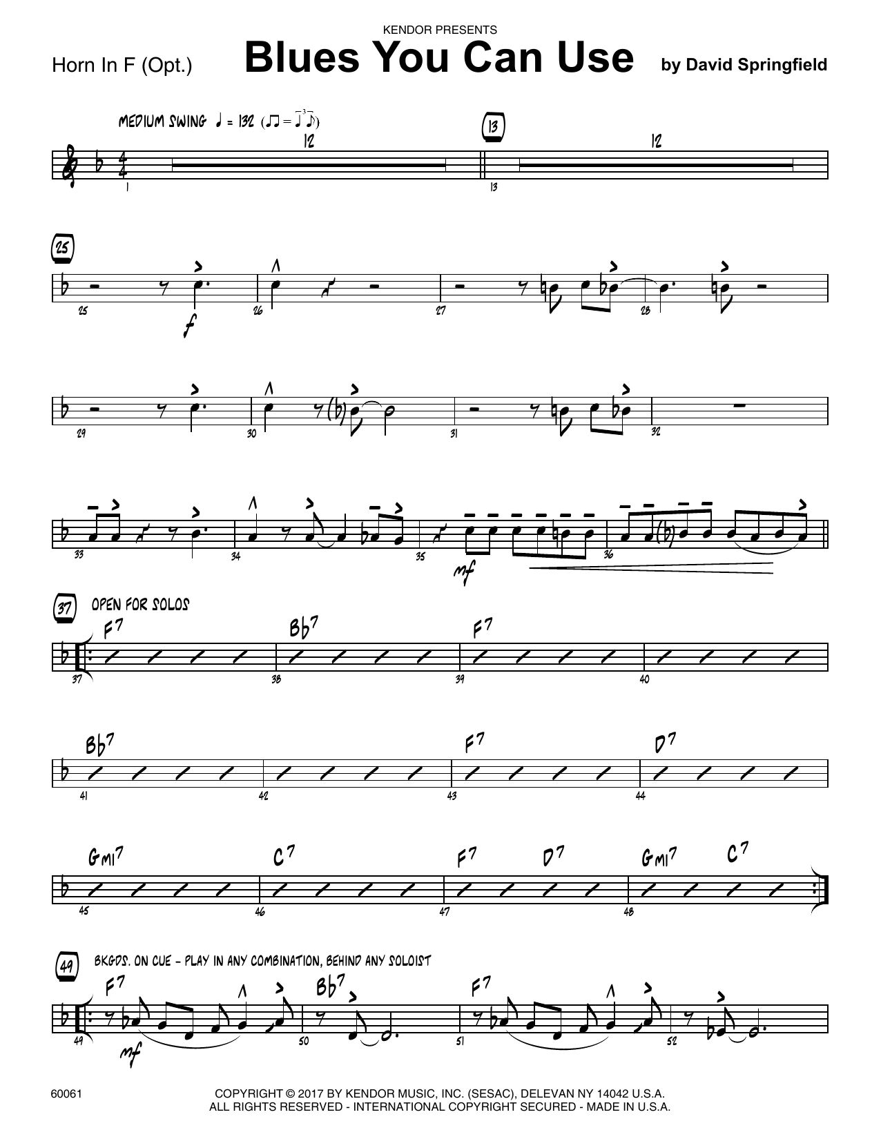 Download David Springfield Blues You Can Use - Horn in F Sheet Music