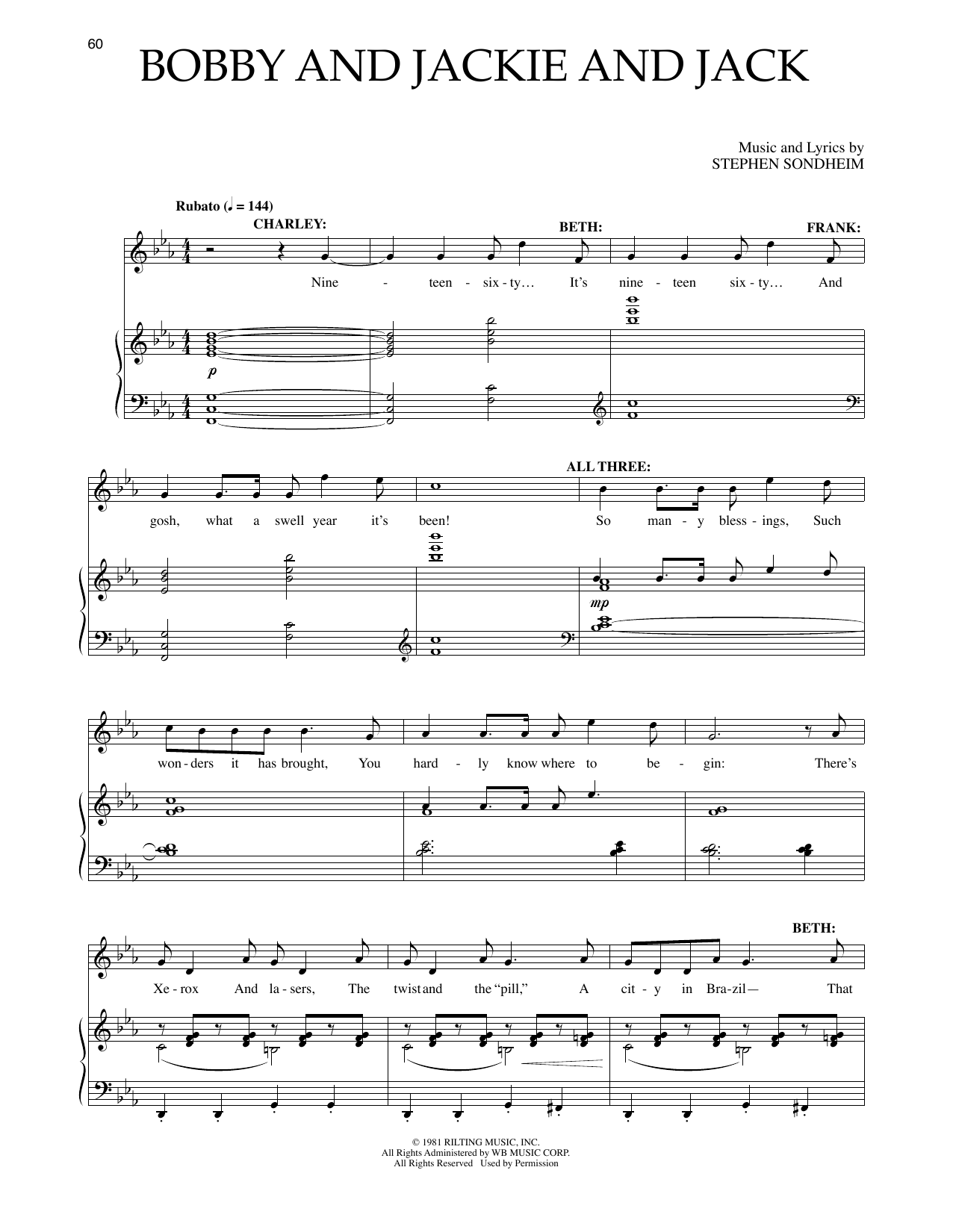 Download Stephen Sondheim Bobby And Jackie And Jack (from Merrily Sheet Music
