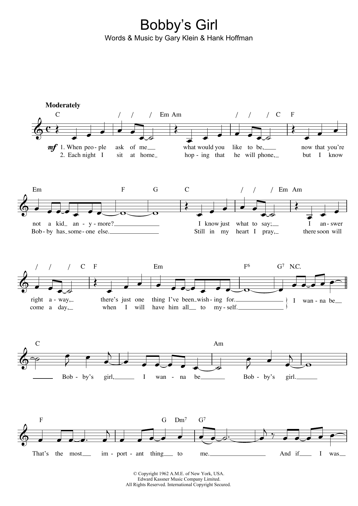 Marcie Blane Bobby's Girl sheet music notes printable PDF score
