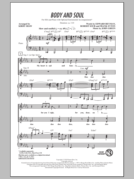 Download Tony Bennett Body And Soul (arr. Kirby Shaw) Sheet Music