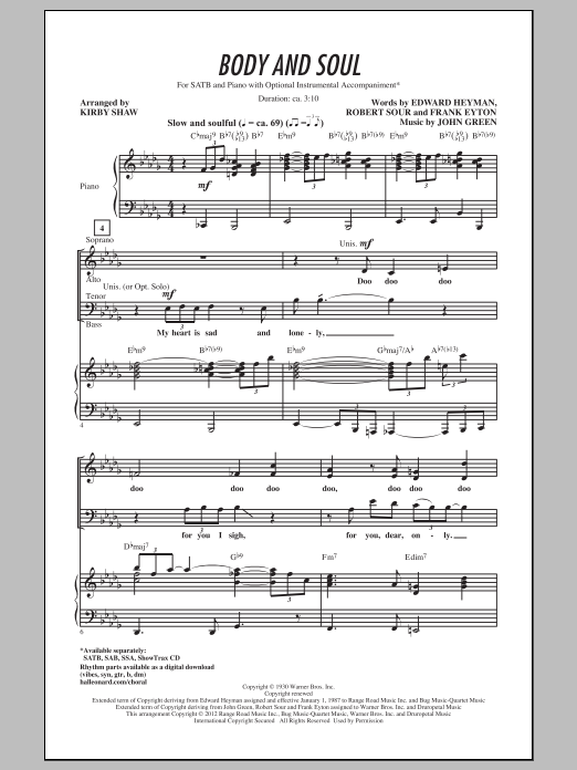 Download Tony Bennett Body And Soul (arr. Kirby Shaw) Sheet Music