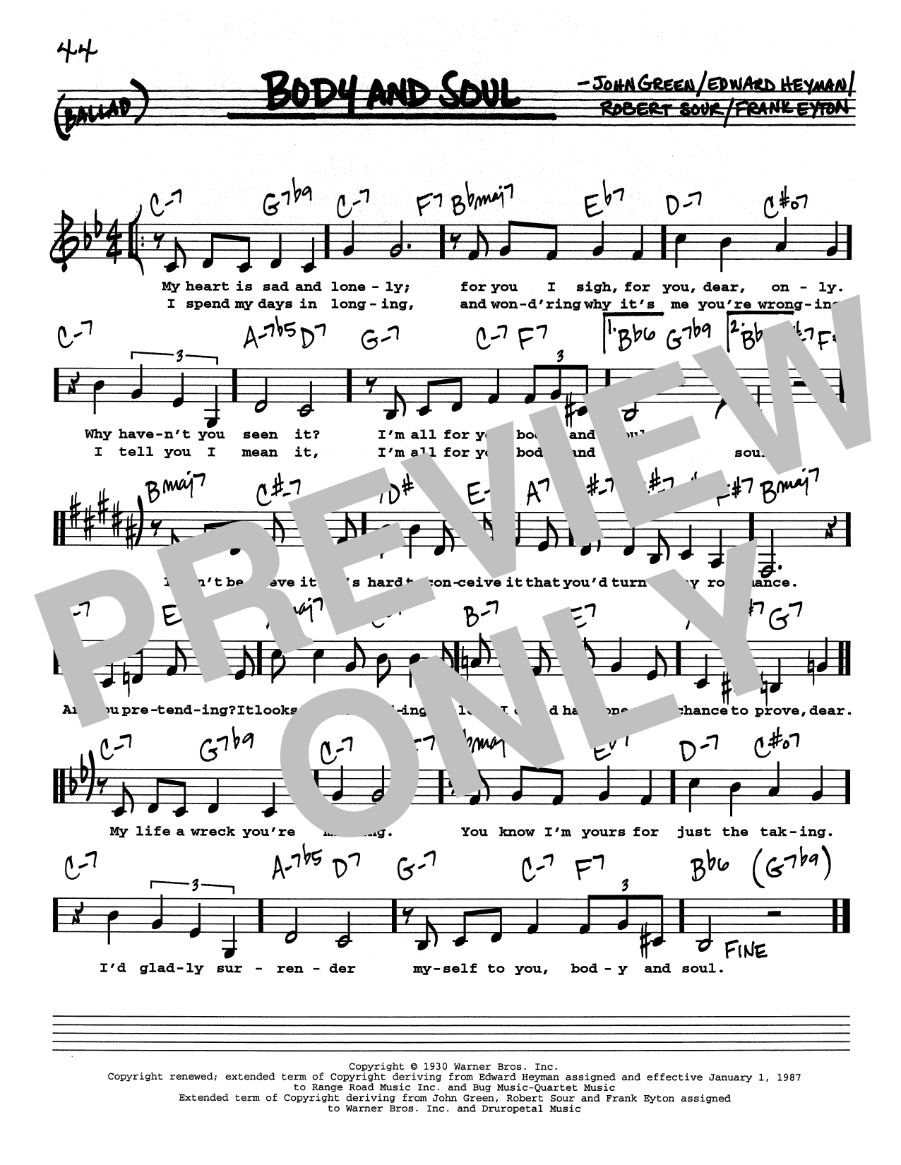 Edward Heyman Body And Soul (Low Voice) sheet music notes printable PDF score