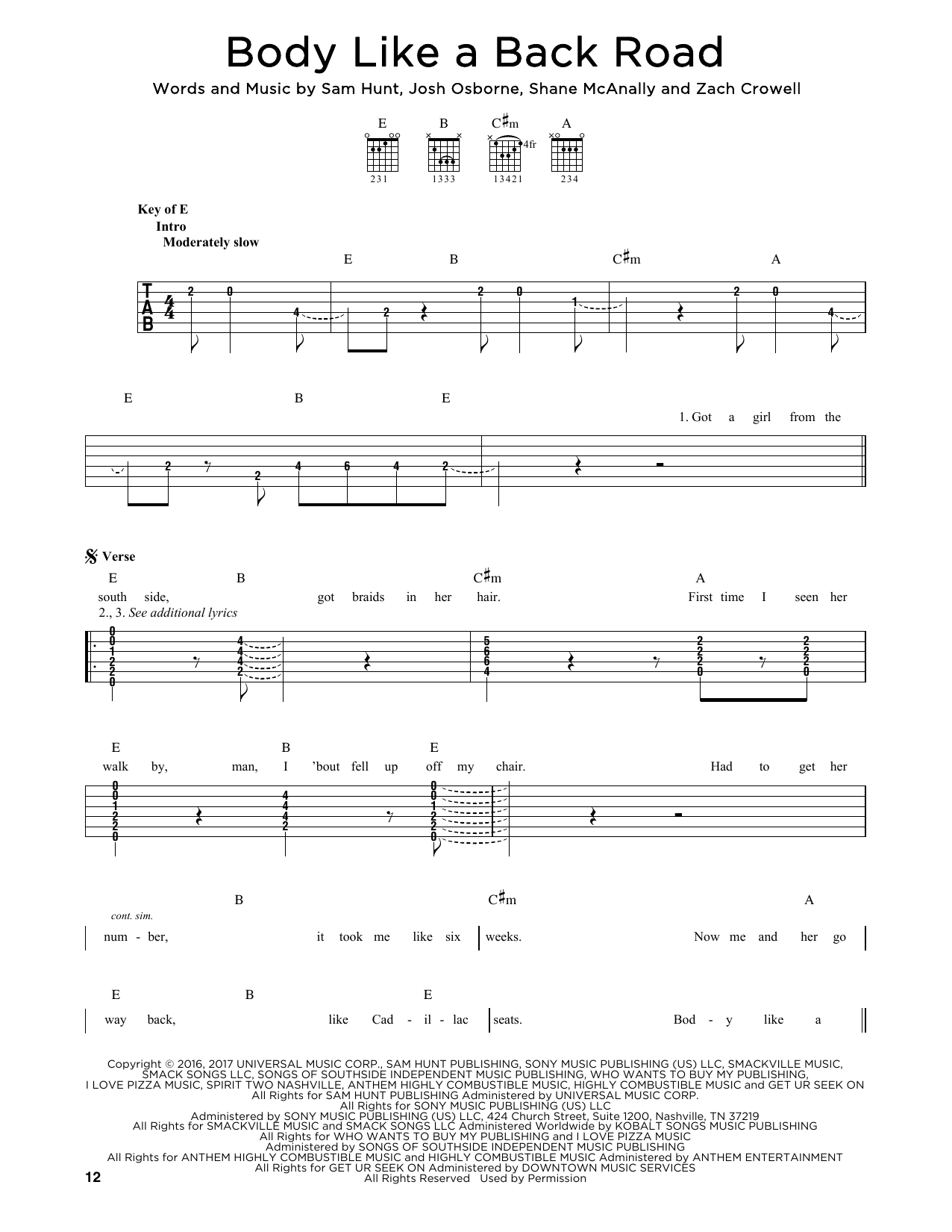 Sam Hunt Body Like A Back Road sheet music notes printable PDF score