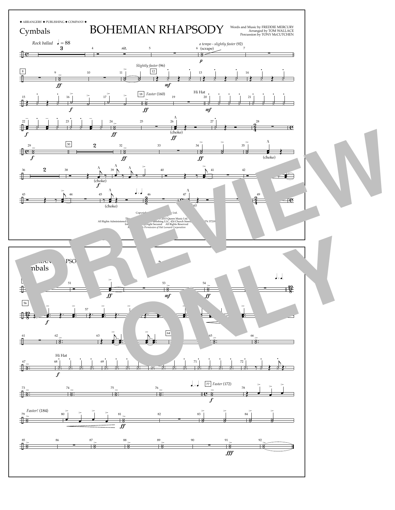 Download Tom Wallace Bohemian Rhapsody - Cymbals Sheet Music