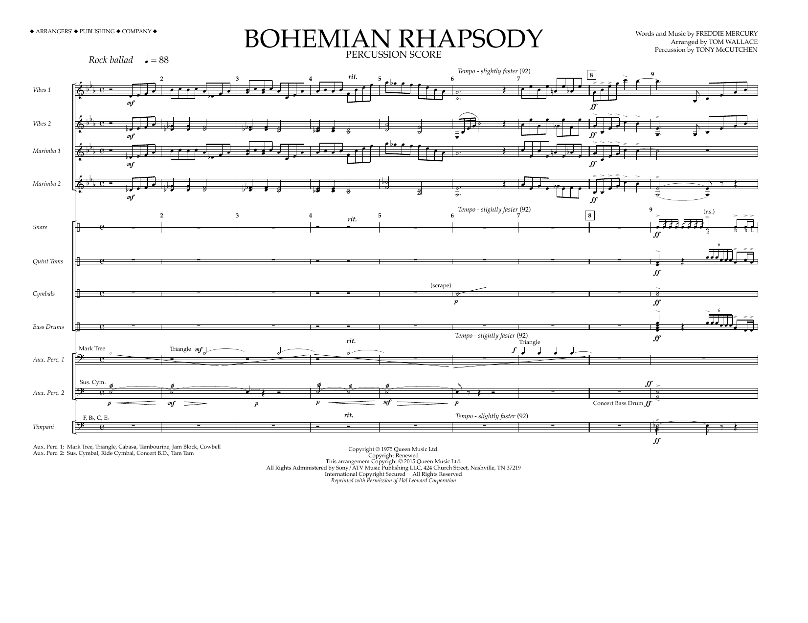 Download Tom Wallace Bohemian Rhapsody - Percussion Score Sheet Music