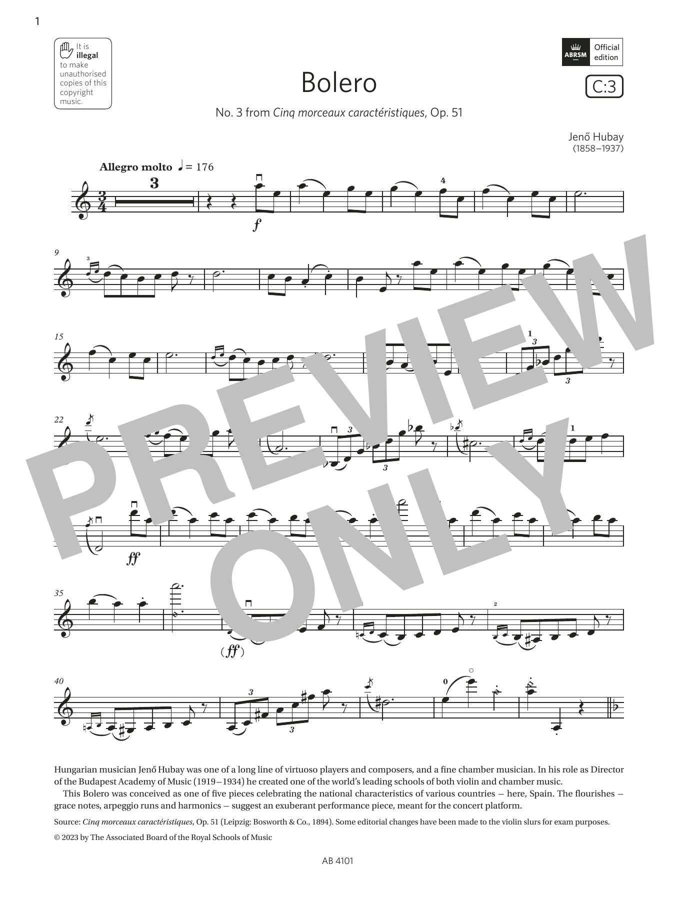 Download Jenő Hubay Bolero (Grade 7, C3, from the ABRSM Vio Sheet Music