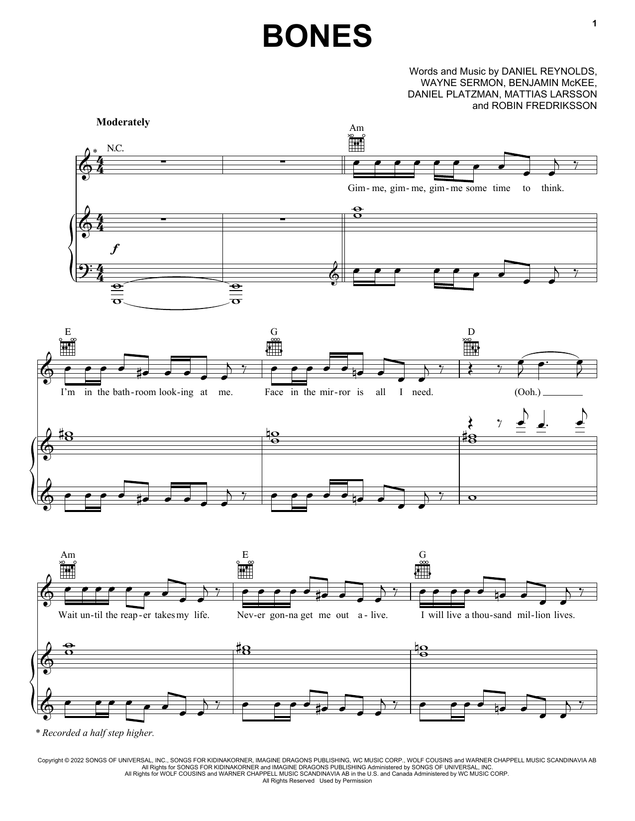 Imagine Dragons Bones sheet music notes printable PDF score