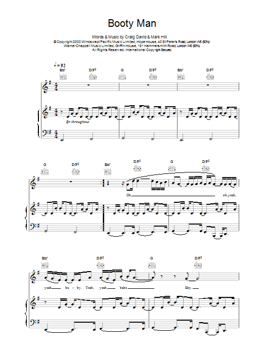 Craig David Booty Man sheet music notes printable PDF score