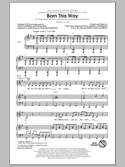 Download Glee Cast Born This Way (arr. Roger Emerson) Sheet Music