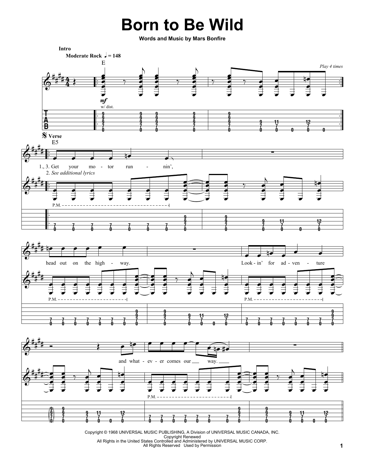 Download Steppenwolf Born To Be Wild Sheet Music