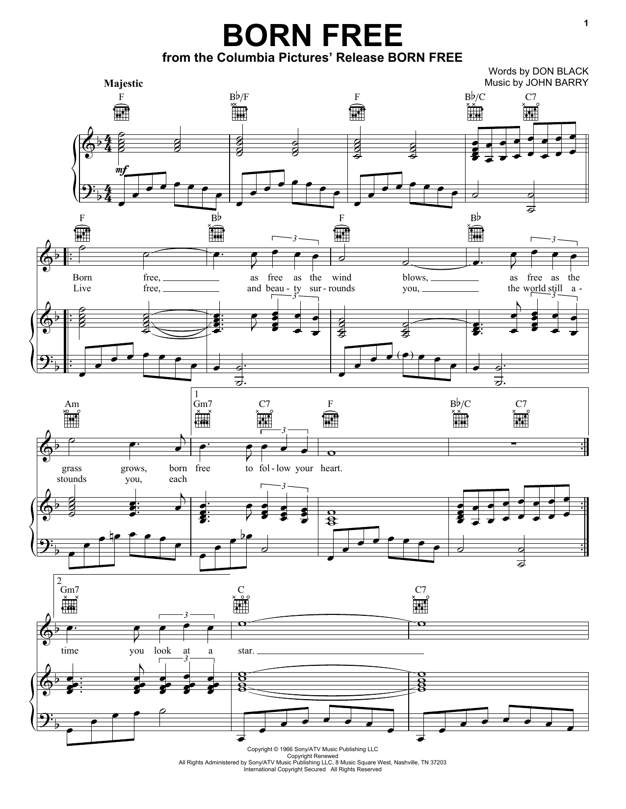 John Barry Born Free sheet music notes printable PDF score