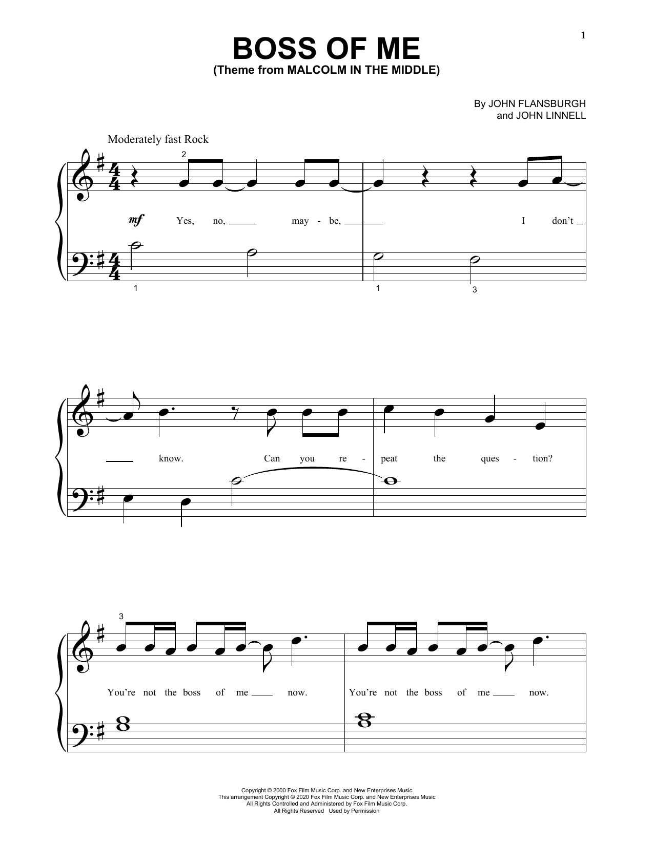Download John Flansburgh & John Linnell Boss Of Me (Theme From Malcolm In The M Sheet Music