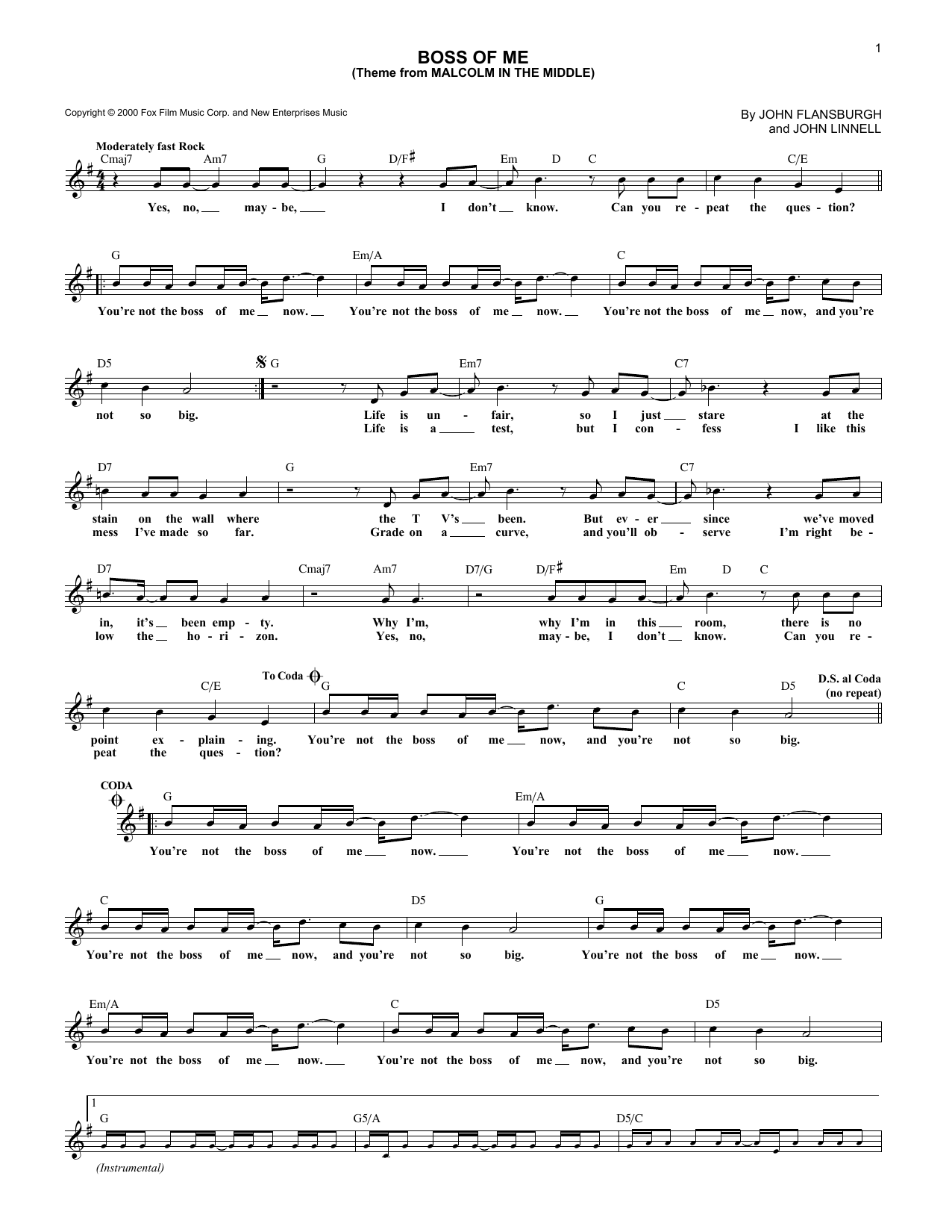 Download They Might Be Giants Boss Of Me (Theme From Malcolm In The M Sheet Music