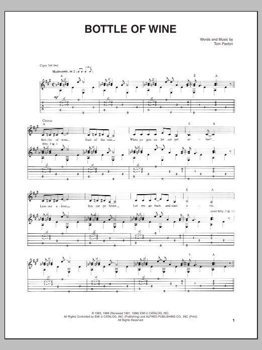 Download Tom Paxton Bottle Of Wine Sheet Music