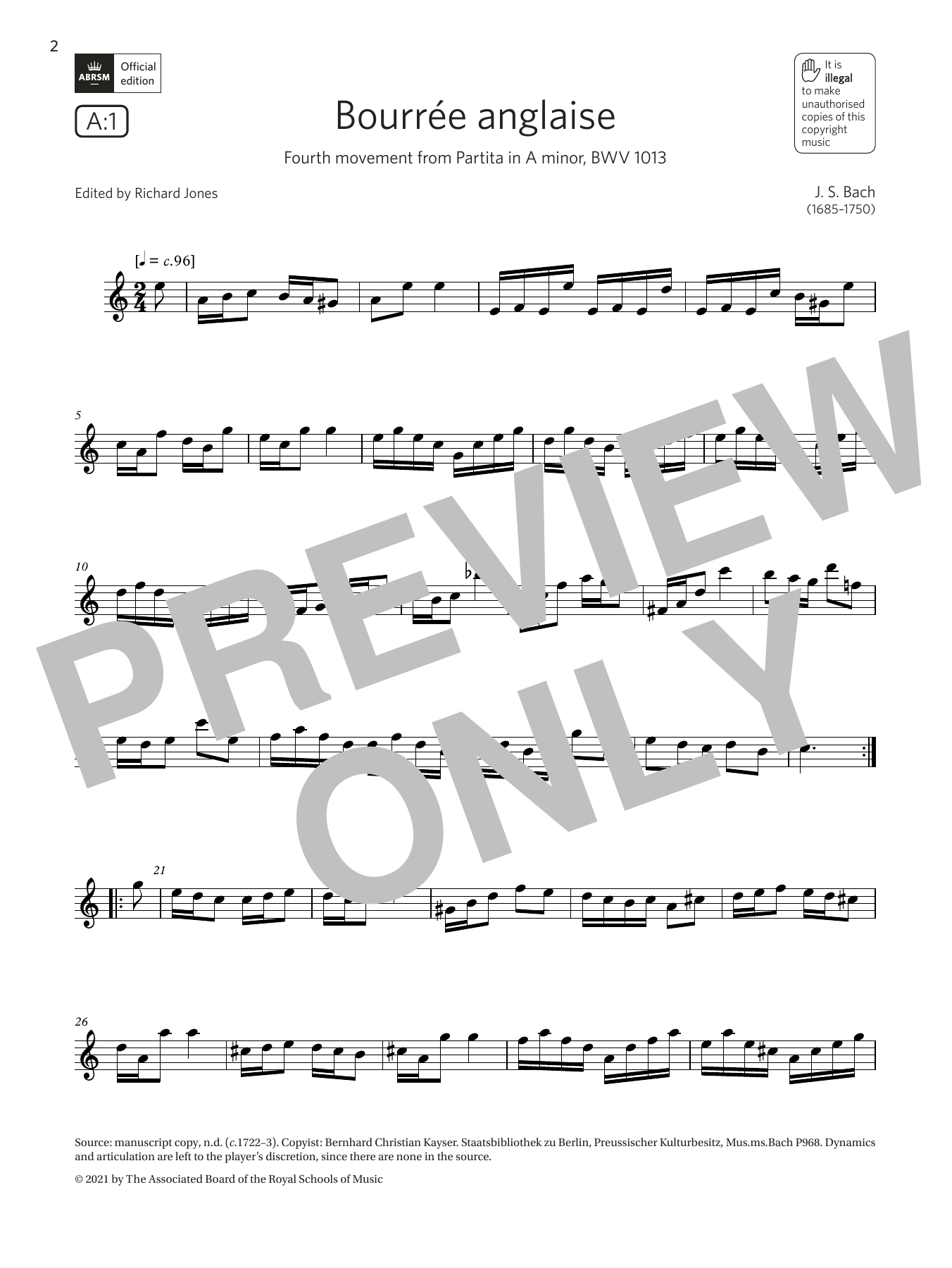 Download Johann Sebastian Bach Bourrée anglaise (from Partita in A mi Sheet Music
