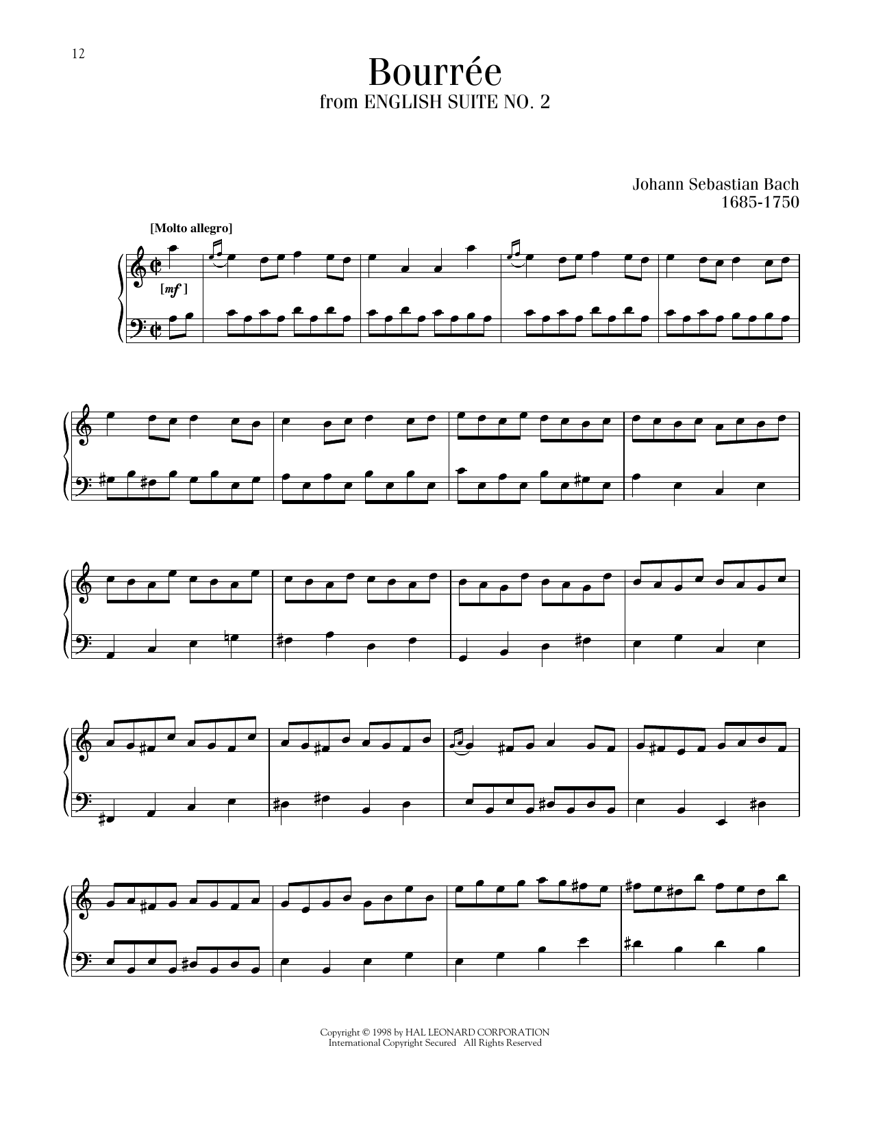 Johann Sebastian Bach Bourree sheet music notes printable PDF score