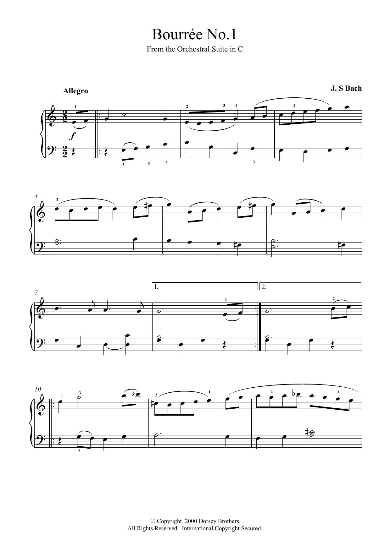 Johann Sebastian Bach Bourrée No.1 sheet music notes printable PDF score