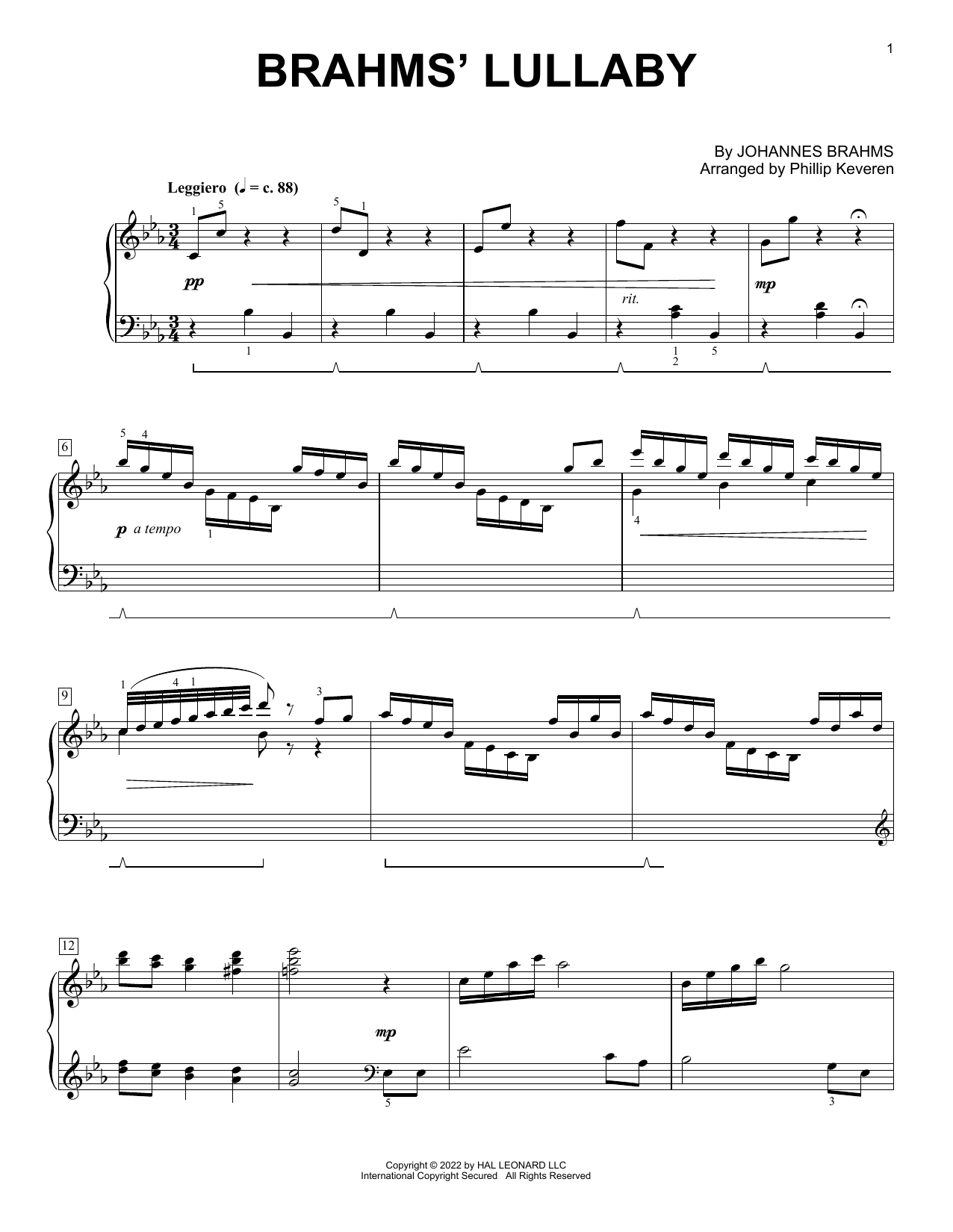 Download Johannes Brahms Brahms' Lullaby (arr. Phillip Keveren) Sheet Music
