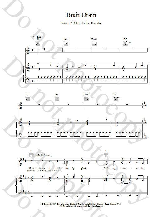 The Lightning Seeds Brain Drain sheet music notes printable PDF score