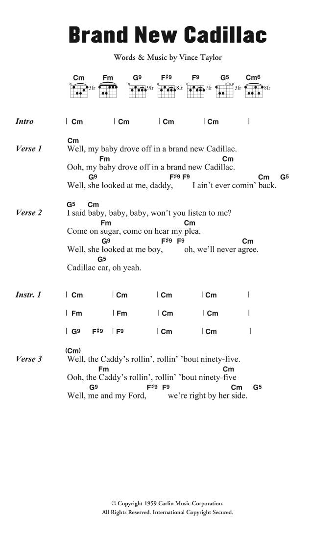 Download Vince Taylor & His Playboys Brand New Cadillac Sheet Music