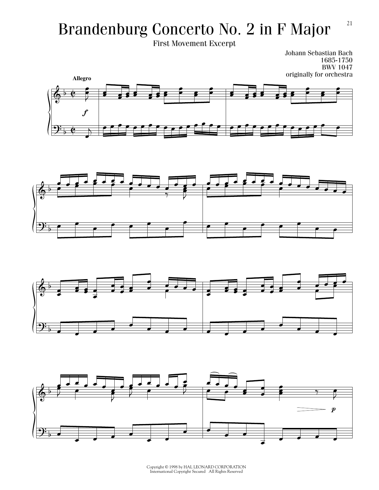 Johann Sebastian Bach Brandenburg Concerto No. 2 in F Major, First Movement Excerpt sheet music notes printable PDF score