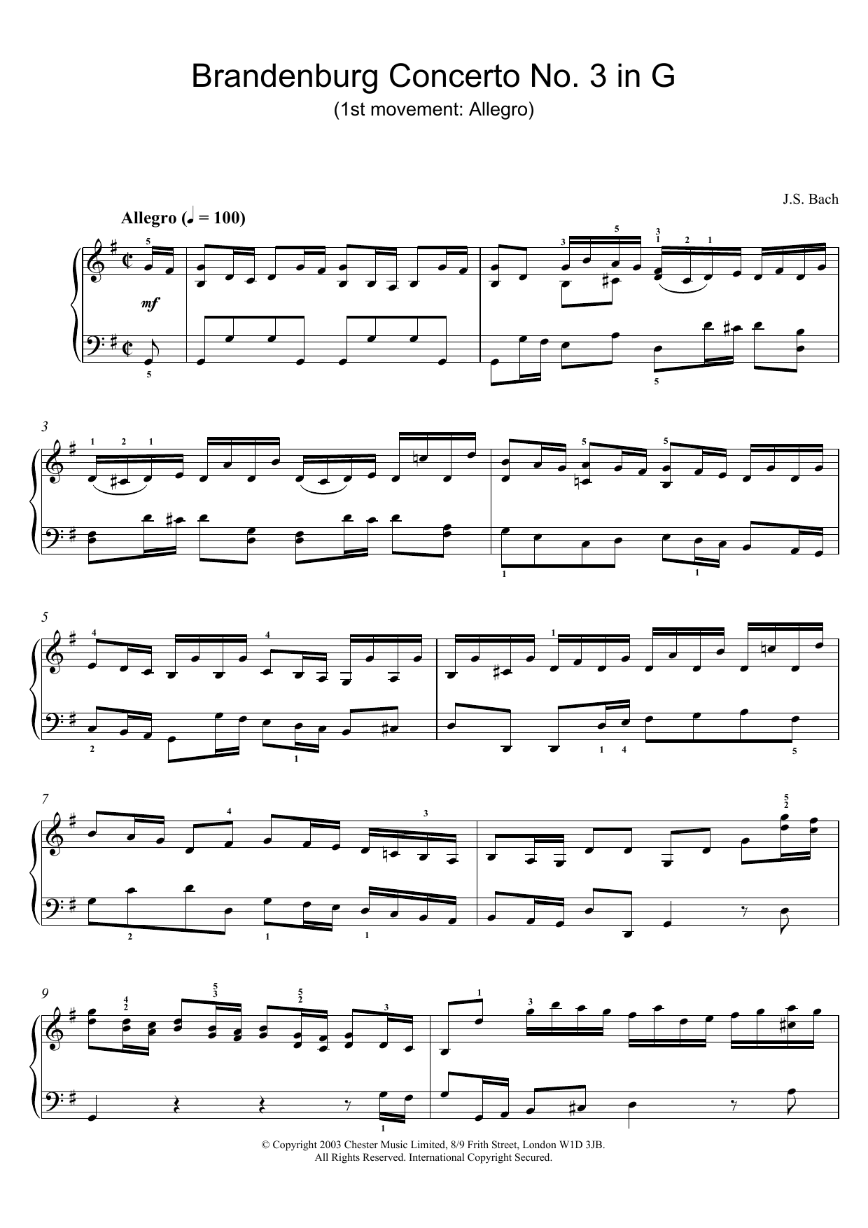 Download Johann Sebastian Bach Brandenburg Concerto No. 3 in G (1st mo Sheet Music