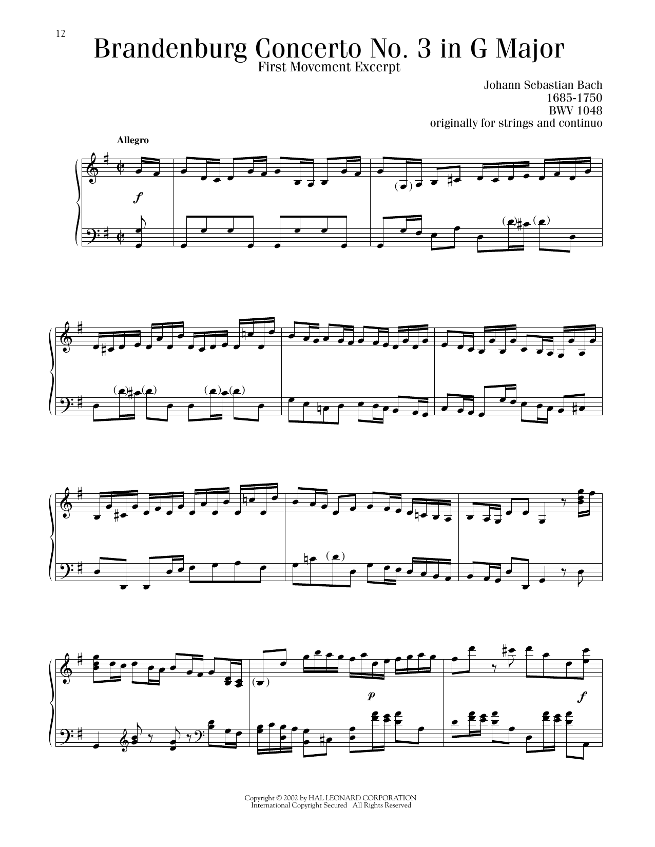 Johann Sebastian Bach Brandenburg Concerto No. 3 sheet music notes printable PDF score