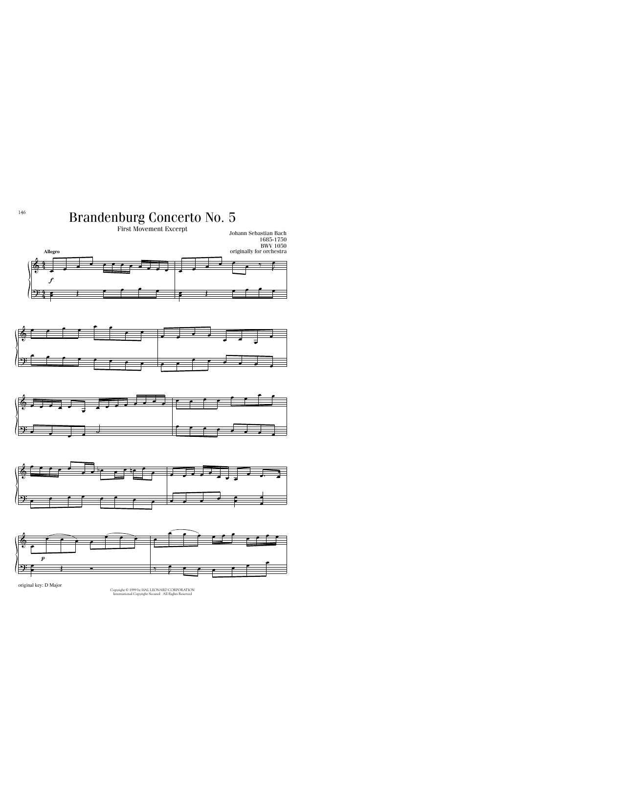 Johann Sebastian Bach Brandenburg Concerto No. 5 in D Major, First Movement Excerpt sheet music notes printable PDF score