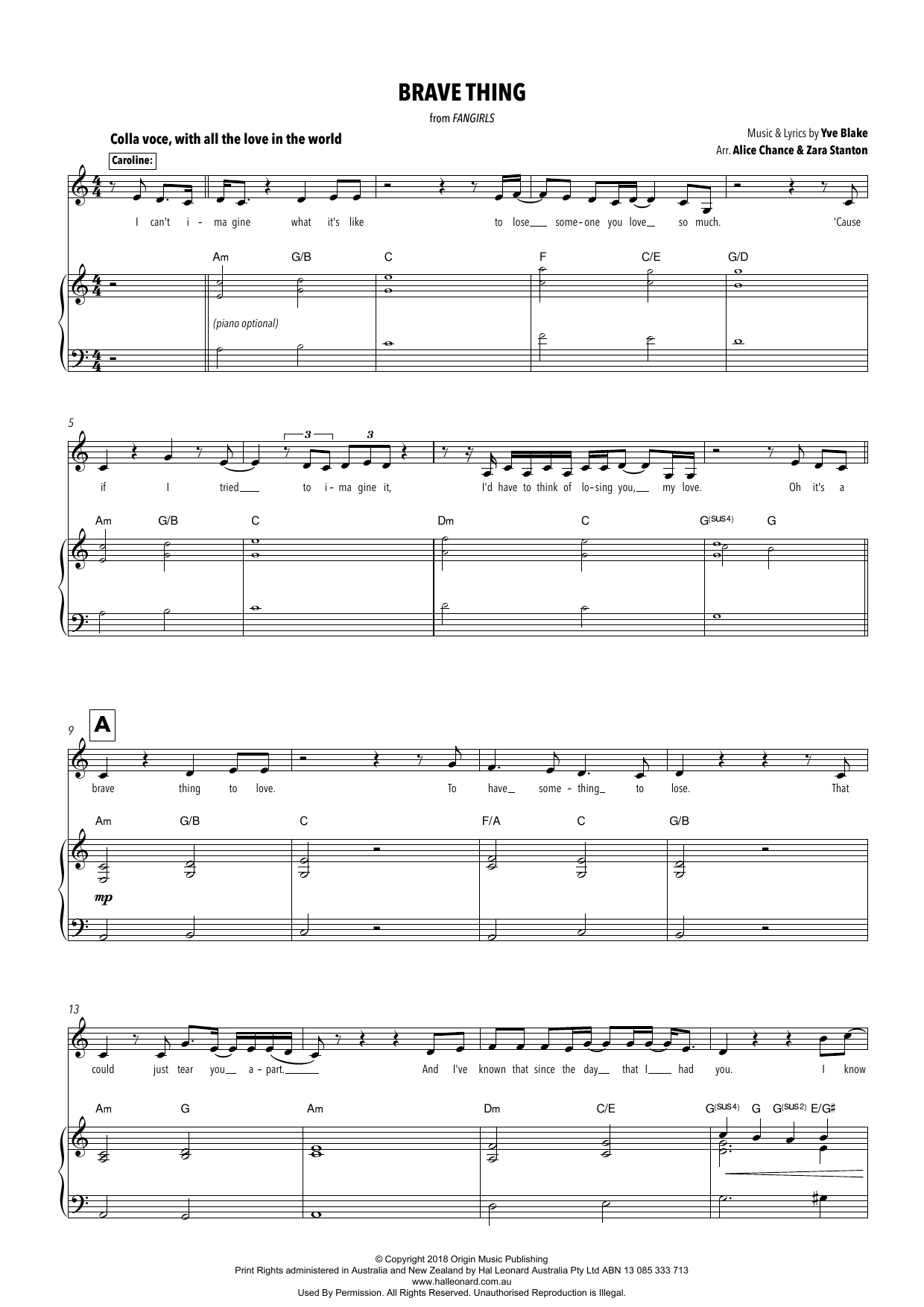 Download Yve Blake Brave Thing (from Fangirls) (arr. Alice Sheet Music