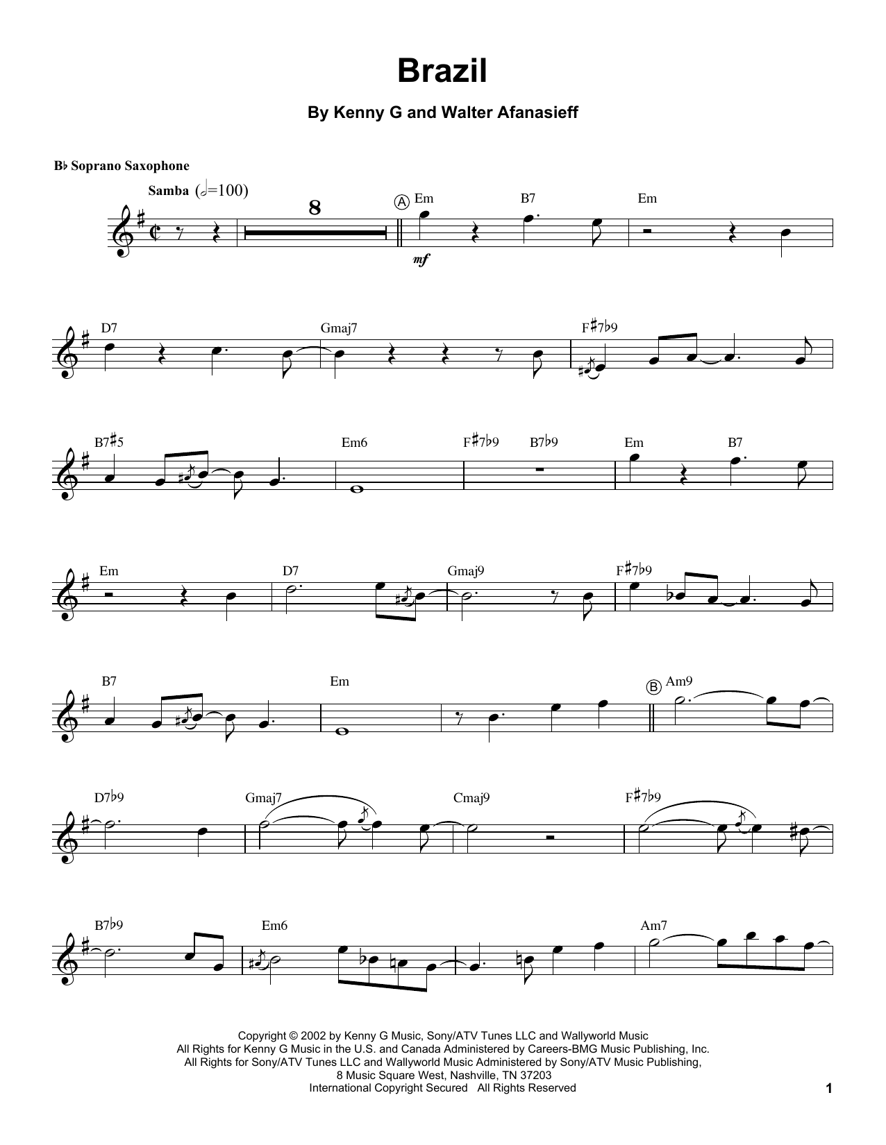 Kenny G Brazil sheet music notes printable PDF score