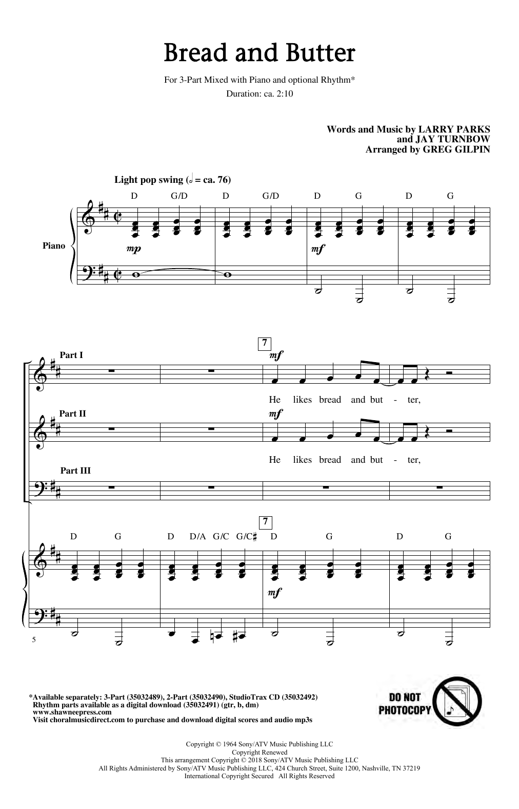 Download Larry Parks & Jay Turnbow Bread And Butter (arr. Greg Gilpin) Sheet Music