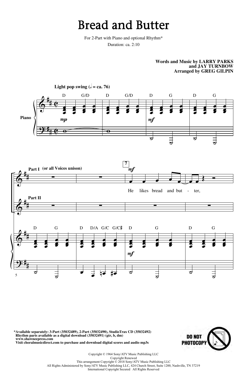Download Larry Parks & Jay Turnbow Bread And Butter (arr. Greg Gilpin) Sheet Music