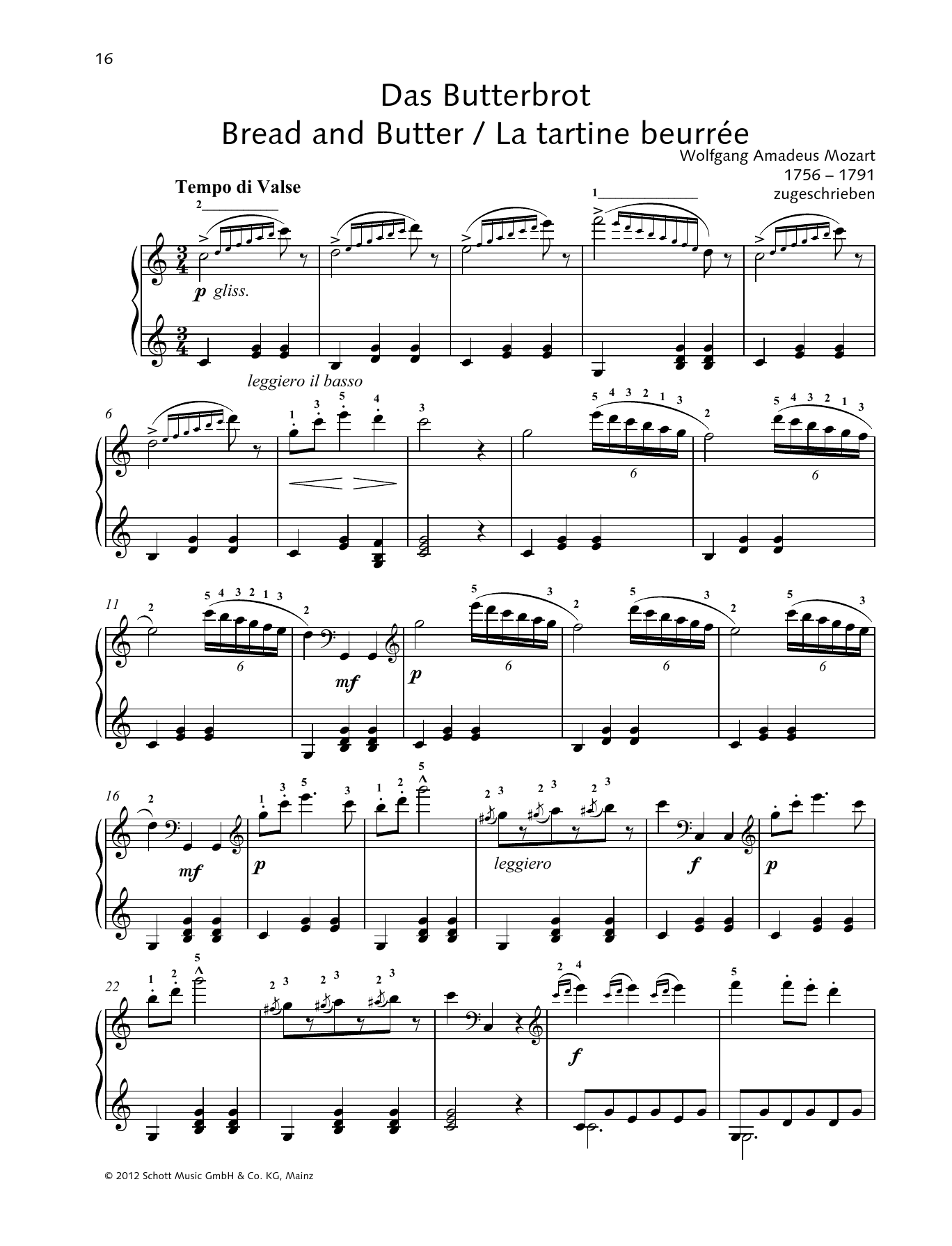 Download Wolfgang Amadeus Mozart Bread and Butter Sheet Music