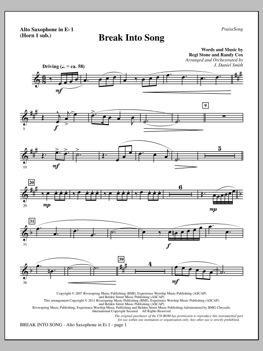 Download J. Daniel Smith Break Into Song - Alto Sax 1 (sub. Horn Sheet Music
