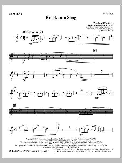 Download J. Daniel Smith Break Into Song - F Horn 1 Sheet Music