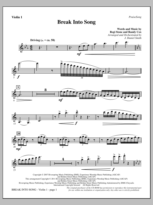 Download J. Daniel Smith Break Into Song - Violin 1 Sheet Music