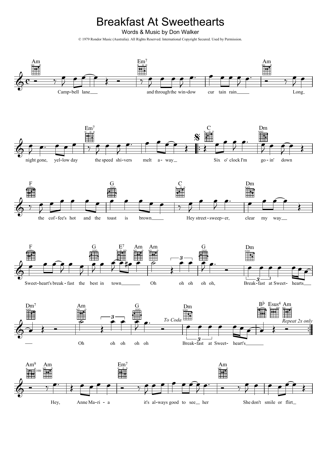 Download Cold Chisel Breakfast At Sweethearts Sheet Music