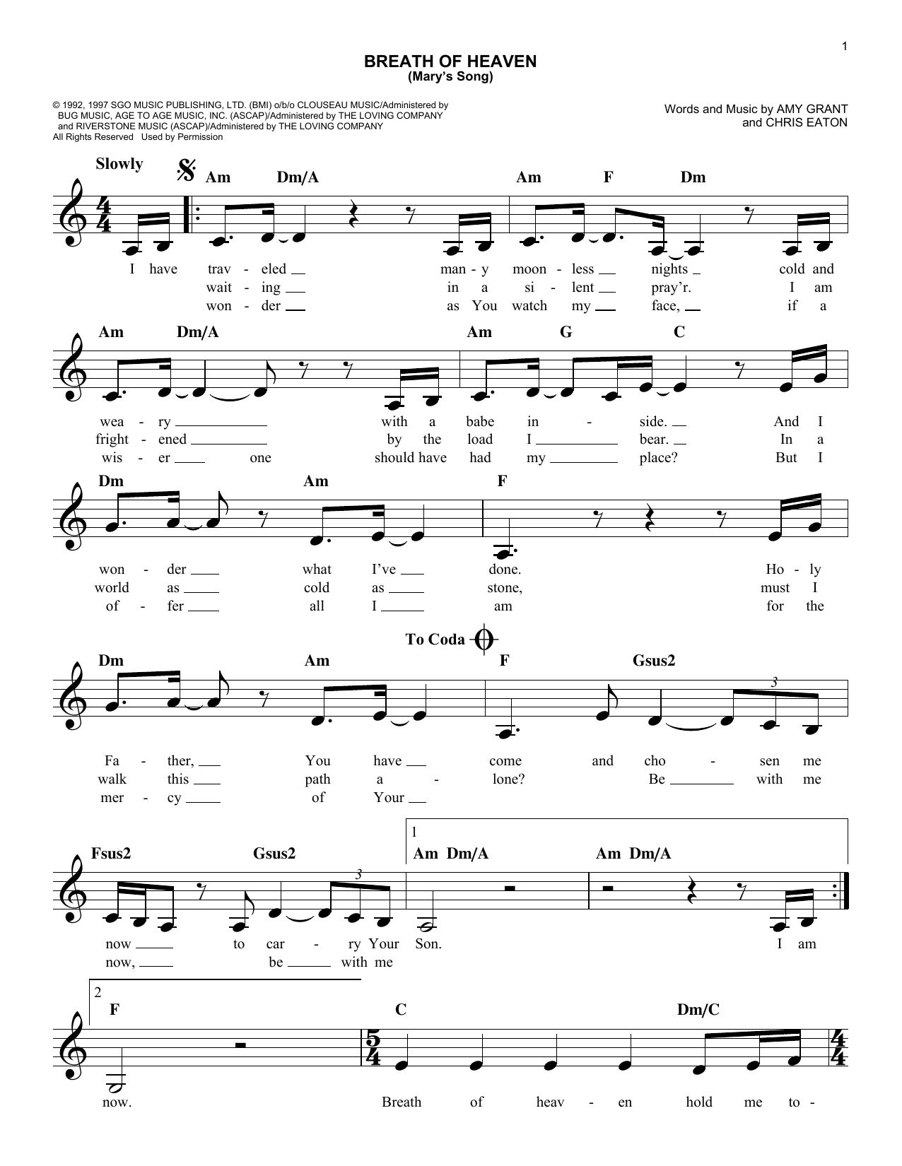 Download Amy Grant Breath Of Heaven (Mary's Song) Sheet Music