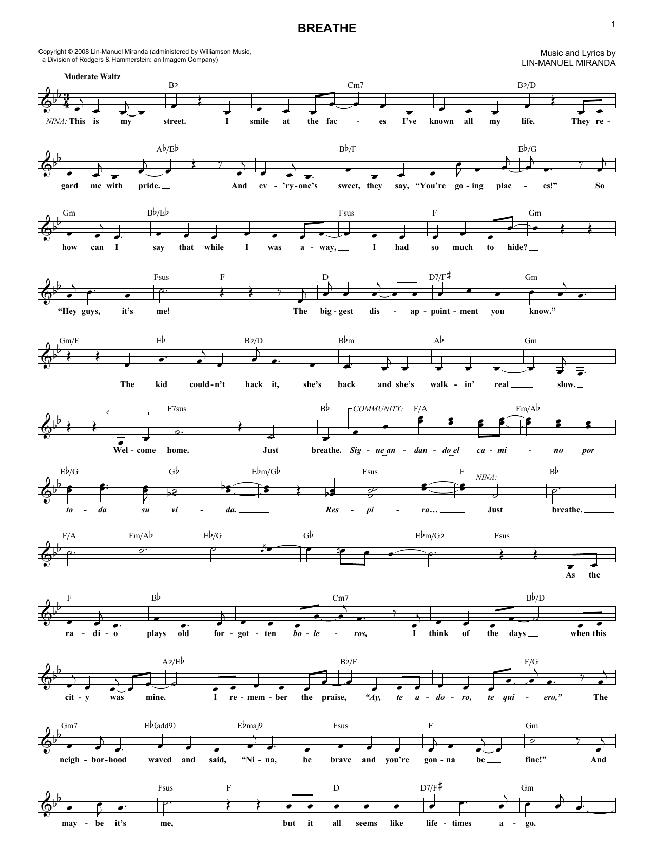 Download Lin-Manuel Miranda Breathe (from In The Heights: The Music Sheet Music