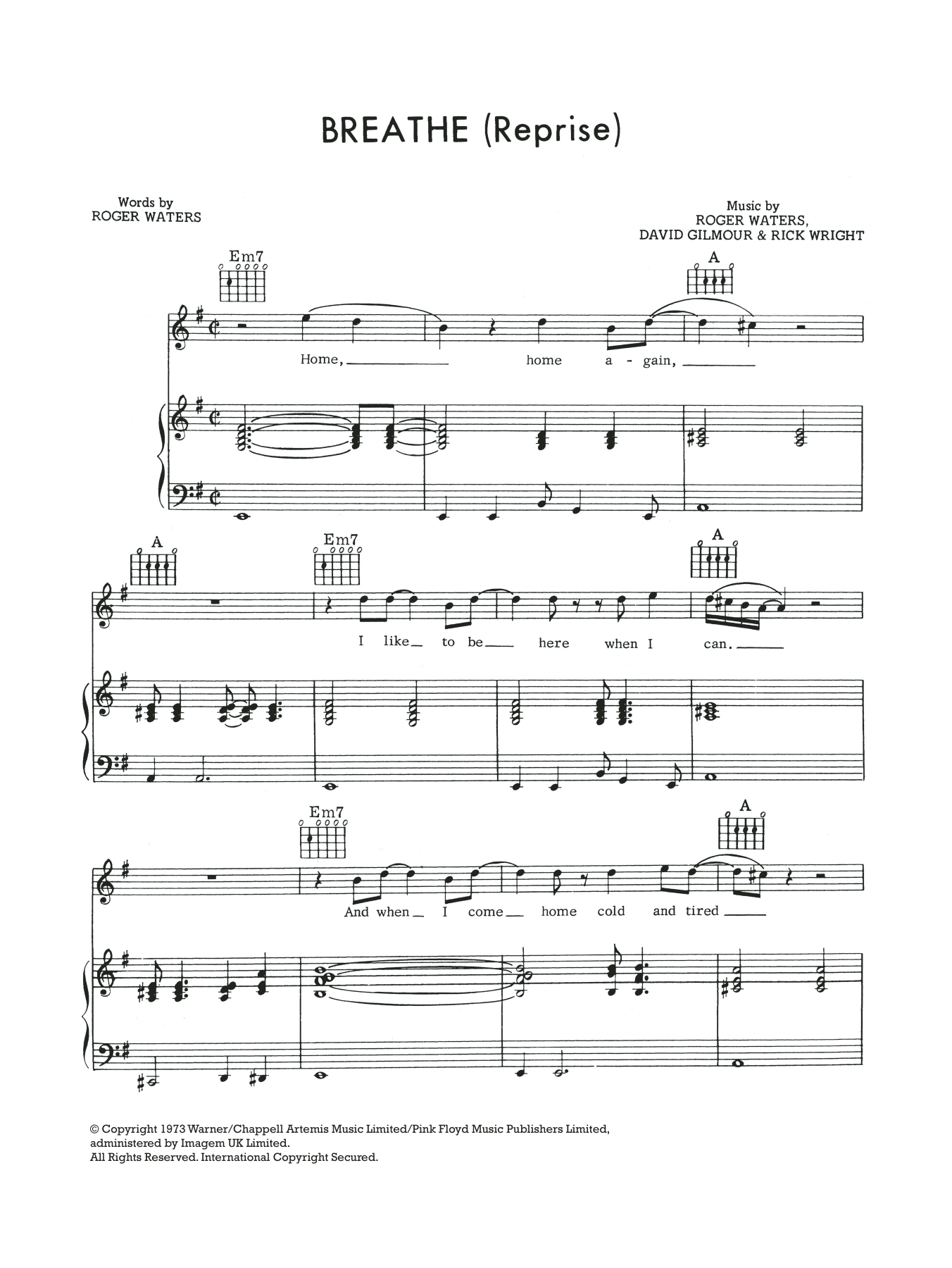 Download Pink Floyd Breathe (In The Air) (Reprise) Sheet Music