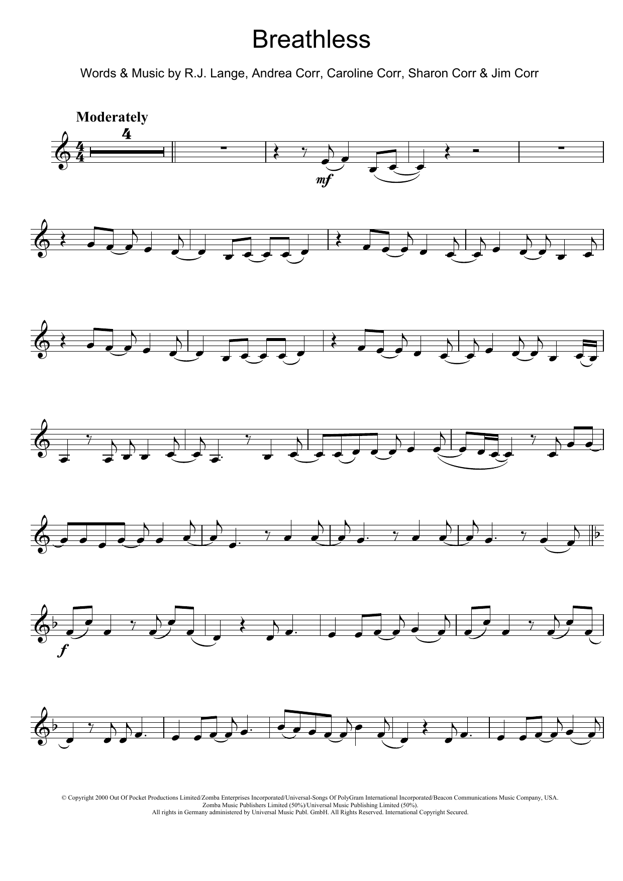 Download The Corrs Breathless Sheet Music