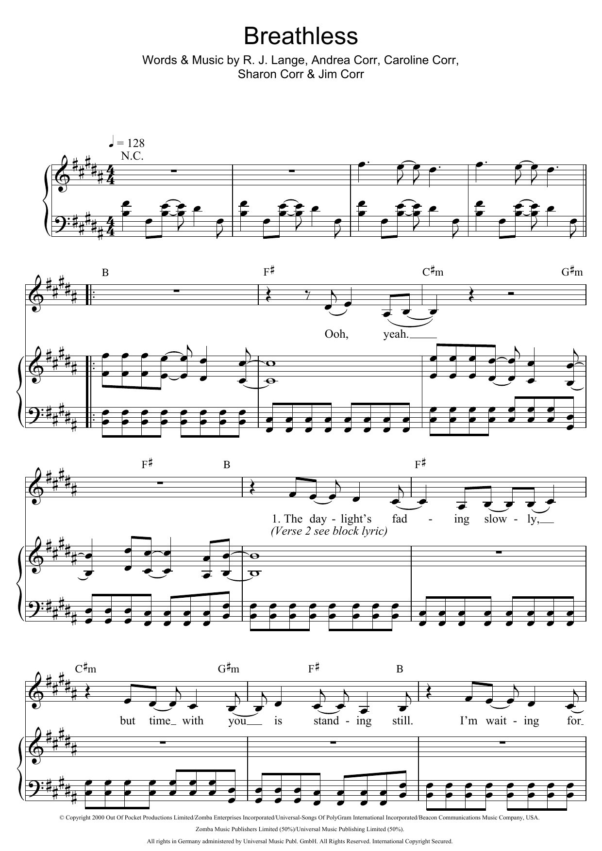 Download The Corrs Breathless Sheet Music