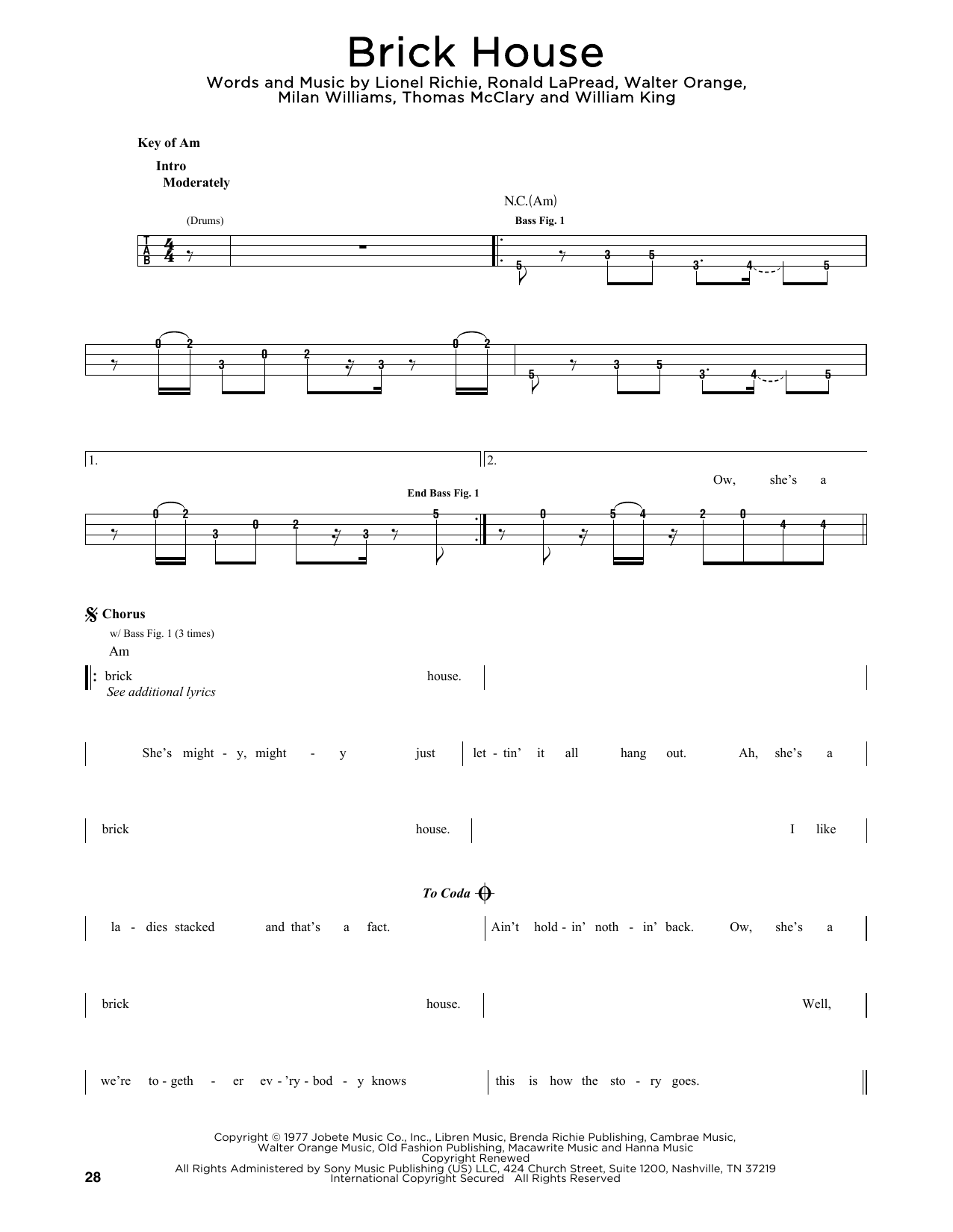 Commodores Brick House sheet music notes printable PDF score