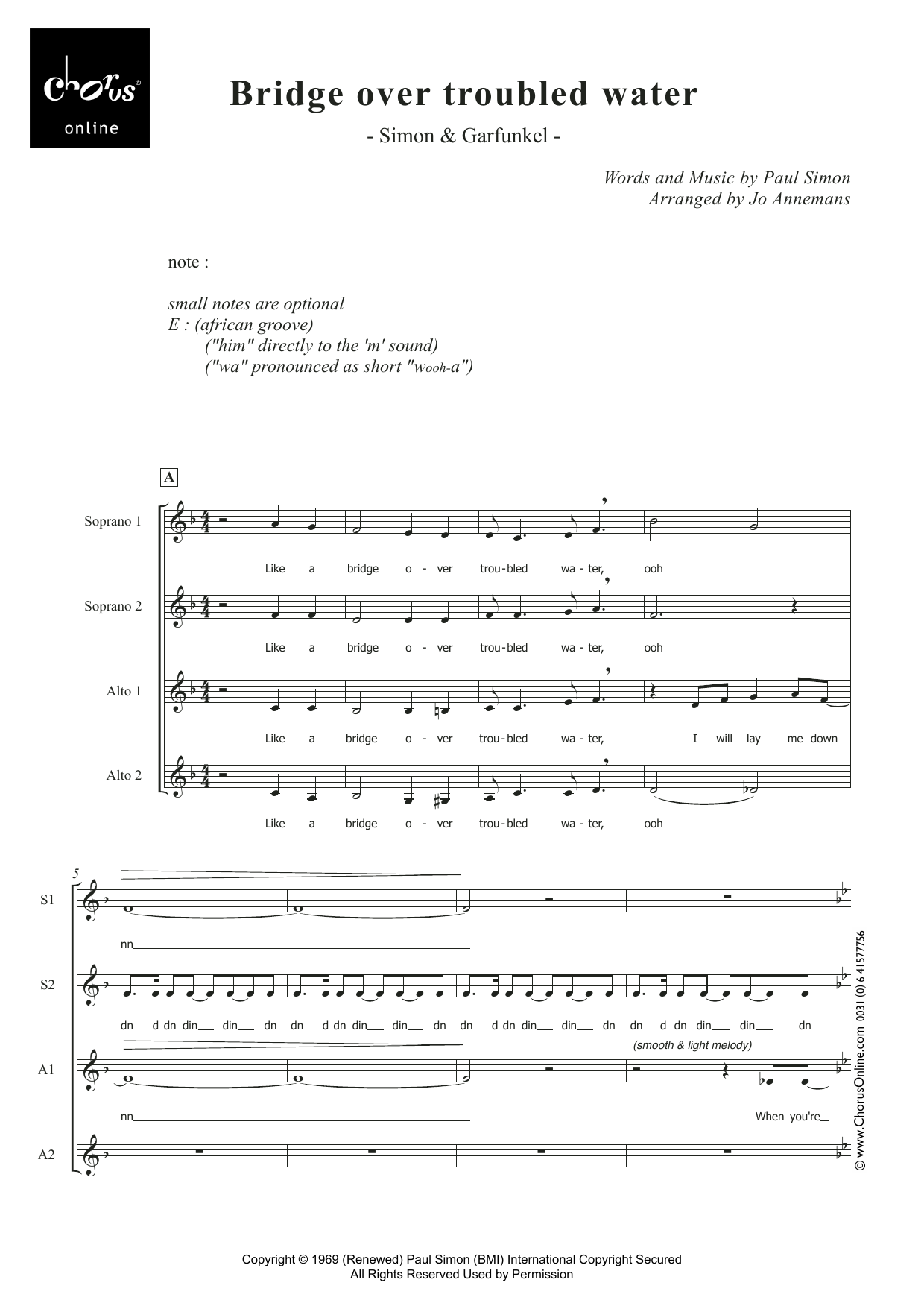 Simon & Garfunkel Bridge Over Troubled Water (arr. Jo Annemans) sheet music notes printable PDF score