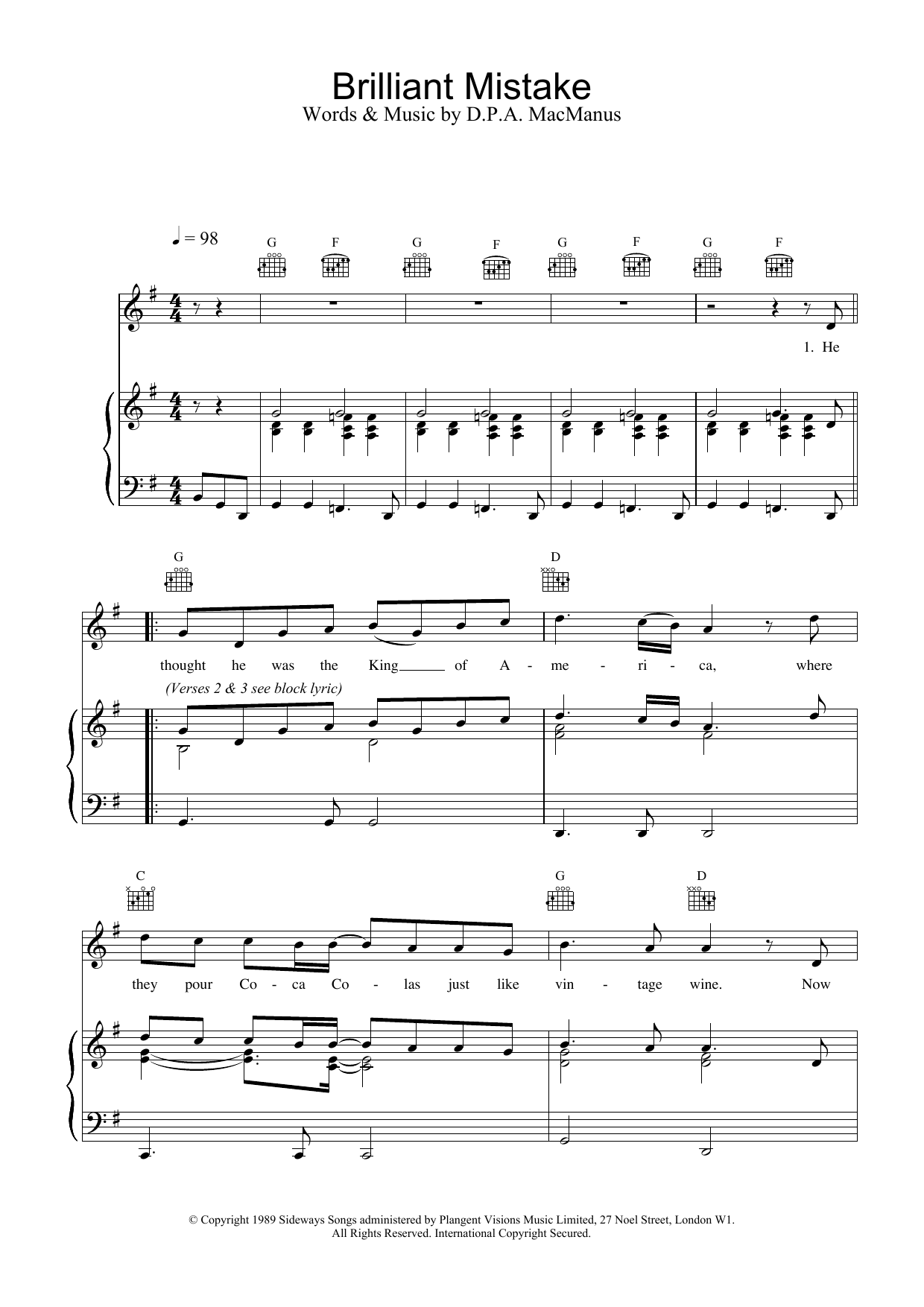 Elvis Costello Brilliant Mistake sheet music notes printable PDF score