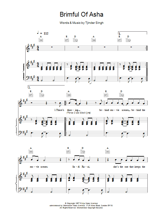 Cornershop Brimful Of Asha sheet music notes printable PDF score