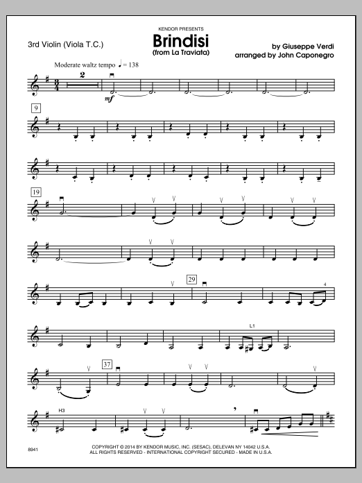 Download John Caponegro Brindisi (from La Traviata) - Violin 3 Sheet Music